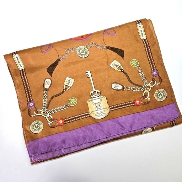 Liz Claiborne 100% Silk Rectangle Scarf Heritage Logo Print Tassels Charms Locks - Picture 1 of 6